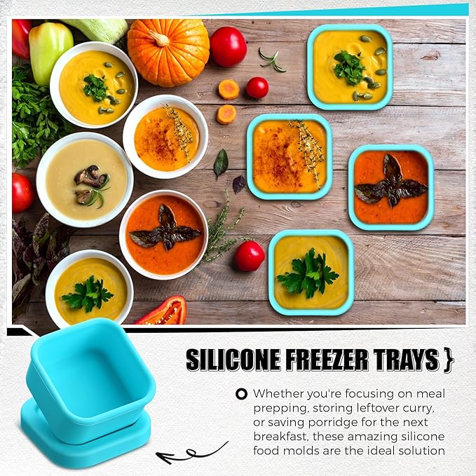 Nuogo 4 Pcs 1/2 Cup Silicone Freezer Trays with Lid Soup Freezer Containers Reusable Silicone Molds Rectangle Freezing Containers Freezing Ice Trays for Soups Sauces Stews Curries, Lake Blue