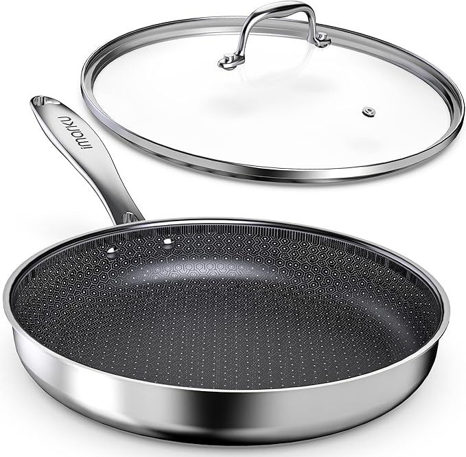 imarku Non Stick Frying Pans, 12" Stainless Steel Pan, Hybrid Skillet with Lid, Deep Larger Saute Pan, Dishwasher & Oven Safe, Induction Compatible Cooking Pan, PFOA Free