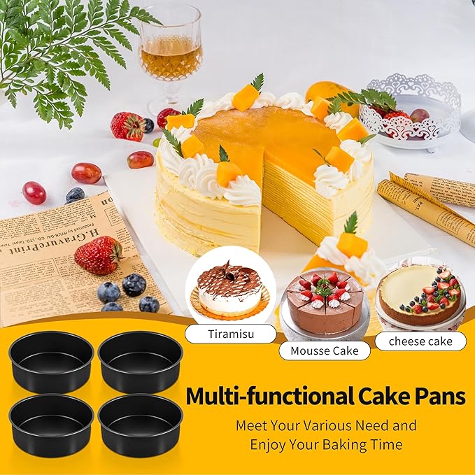 P&P CHEF Non-stick Cake Pan Set of 4, 6 Inch Round Baking Cake Pans Tins for Tier Smash Cakes, Non-Toxic & Solid, Stainless Steel Core & Leak-Proof, 4Pcs