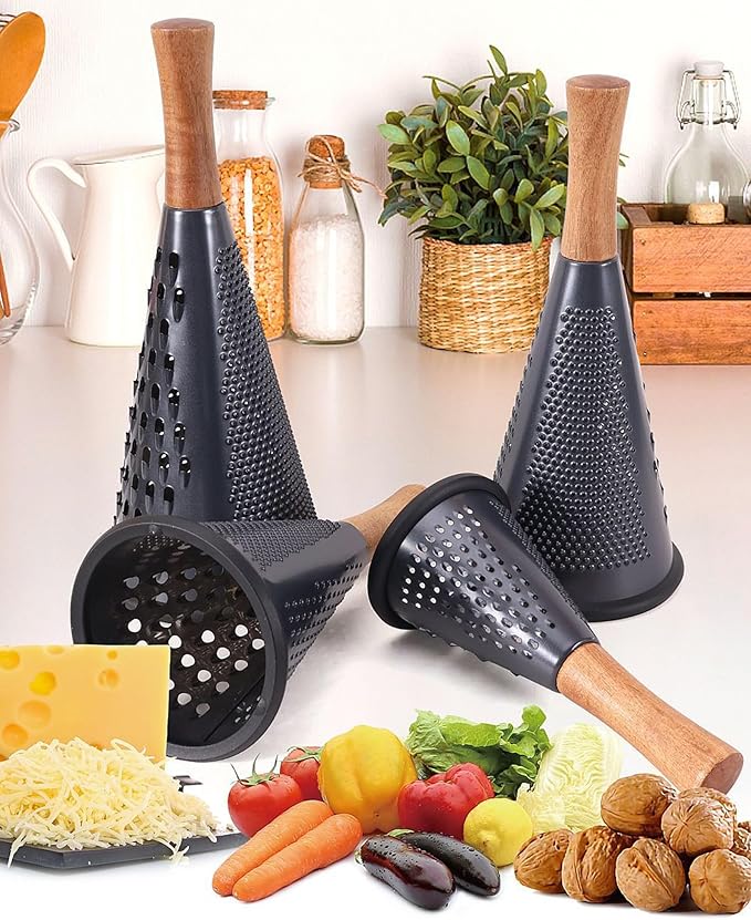 Cone Cheese Grater with Handle Stainless Steel Grater Triple Function Wood Handle Shredder Non-Slip Rubber Bottom Hand Held Multifunction Vegetables Grater Black 4-Size (Size M: 9.4" X 4.3" Black)