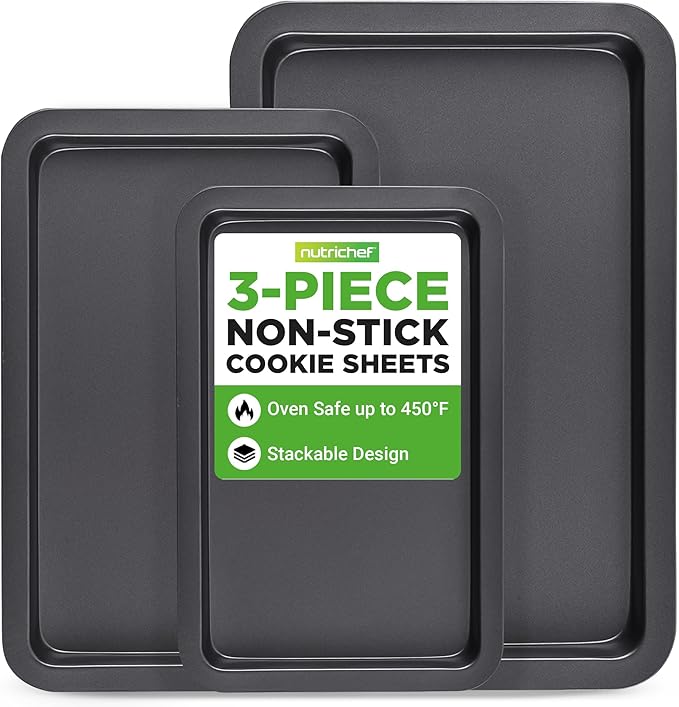 NutriChef 3-Piece Non-Stick Cookie Sheets for Baking - Heavy Duty Steel Baking Sheet Pans for Toasters & Oven - Small, Medium, & Large Size Baking Trays - PFOS, PFOA, PTFE-Free Nonstick Coating