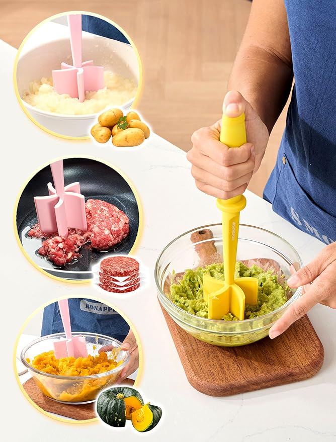 5-Curve Blade Meat Masher for Ground Beef, Heat Resistant Hamburger Chopper, Non-Stick Mix and Chop Kitchen Tool