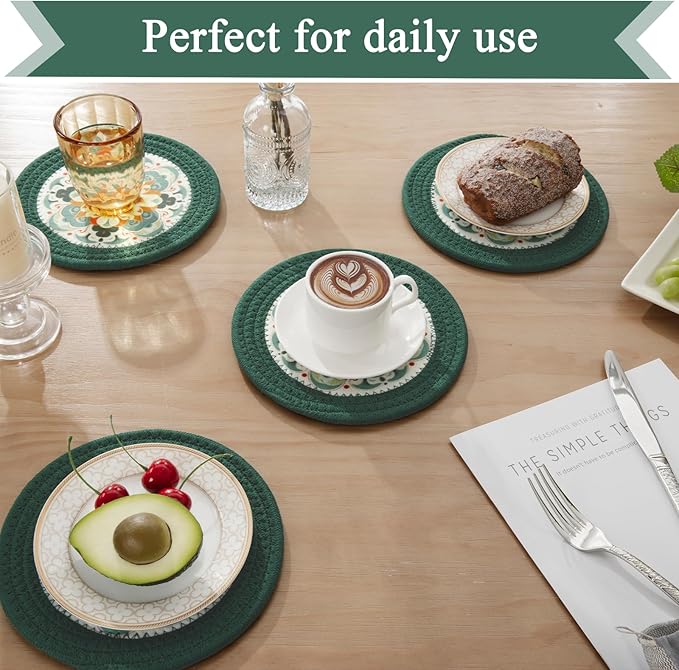 SHACOS 8 Inches Trivets for Hot Dishes, 4 Pieces Cotton and Felt Floral Trivets Mats for Kitchen, Hot Pads for Countertops and Table, Heat-Resistant Pot Holders for Hot Pots and Pans, Dark Green