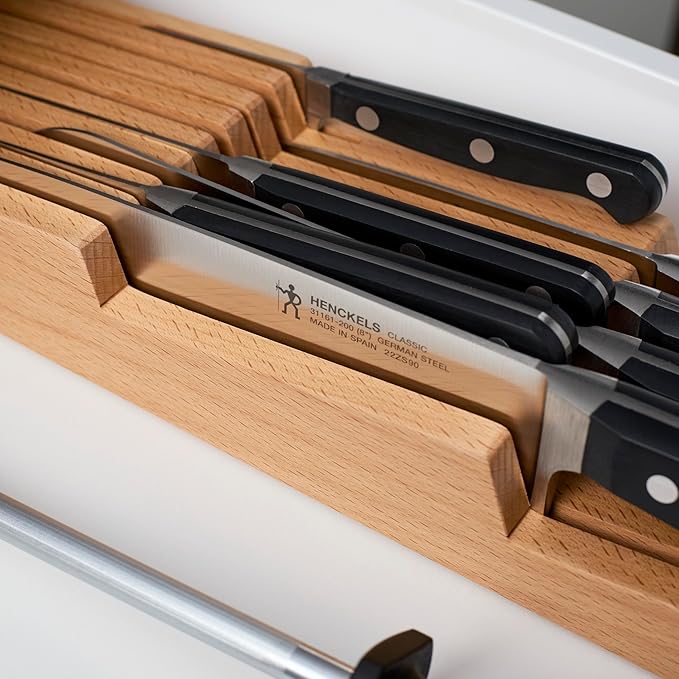 HENCKELS Classic Razor-Sharp 11-Piece Knife Block Set, Chef Knife, Bread Knife, Carving Fork and Knife, German Engineered Informed by 100+ Years of Mastery, Natural In-Drawer Block
