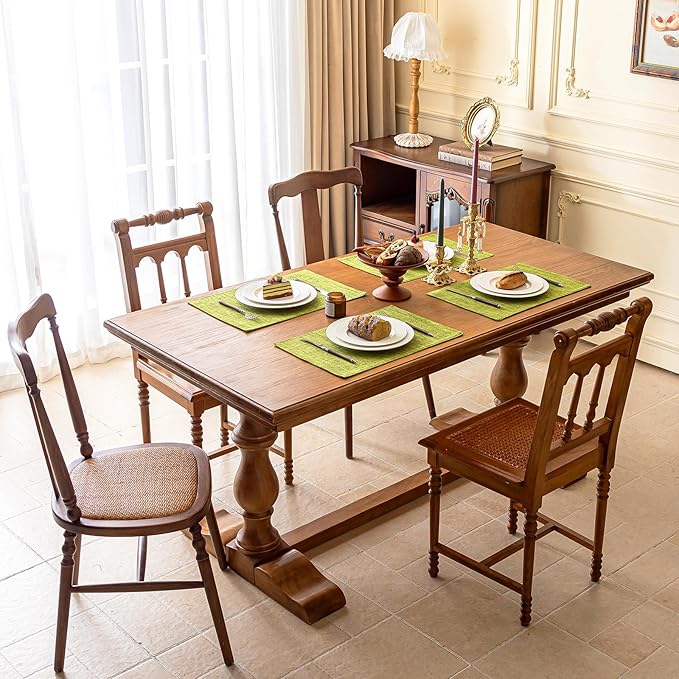 KXN Placemats Set of 6, Dual-Layer Thickened Faux Linen Table Mats, Heat Resistant & Wrinkle-Free, Machine Washable Cloth Place Mats for Kitchen Dining Indoor Outdoor (Green)