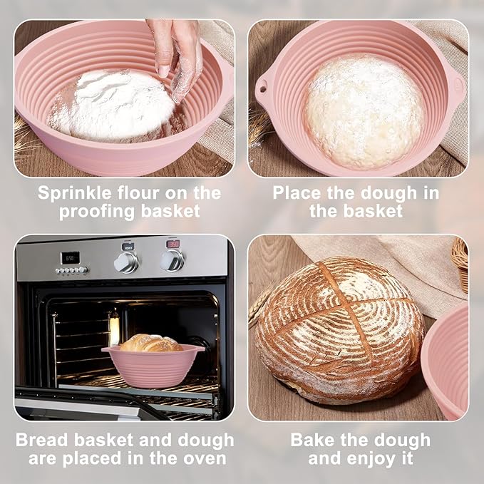 4 Pcs Upgraded Silicone Sourdough Bread Proofing Basket with Handles - Reinforced Rim Support, 9 Inch Foldable Bowls for Sourdough Bread Baking, Oven & Dishwasher Safe-BPA Free(Green,Beige,Pink,Blue)