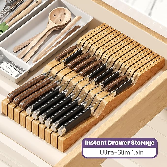 Bamboo In-Drawer Knife Block for 19 Knives(Not Included), Knife Drawer Organizer,Knife Holder Countertop,Block Knife Storage Organizer for Kitchen