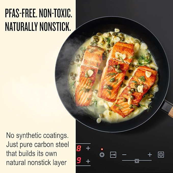 Alva Forest 4-Piece Carbon Steel Frying Pan Set – Naturally Nonstick, Pre-Seasoned, with Acacia Wood Handle, Made Without PTFE, PFOA, PFAS – Sustainable Belgian Design, Induction & All-Stovetop Safe