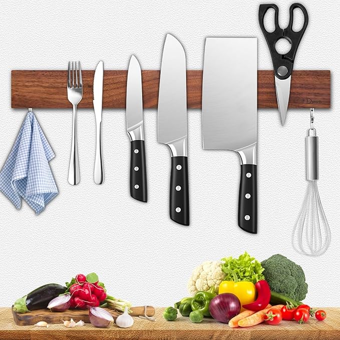 Dmore magnetic knife holder for wall—with 2 hooks, No Drilling 16 Inch walnut knife magnetic strip, Powerful knife magnet rack, include Adhesive Tape and screws for Knives, Utensils, and Tools