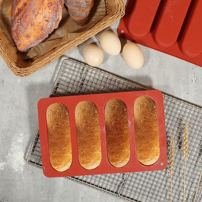 Webake 6 Inch Hot Dog Bun Pan, 2 Pack SIlicone Hotdog Bun Molds Nonstick Bread Forms, Mini Baguette Sandwich Baking Tray for Hot Dog Bun Rolls Cake and Eclair