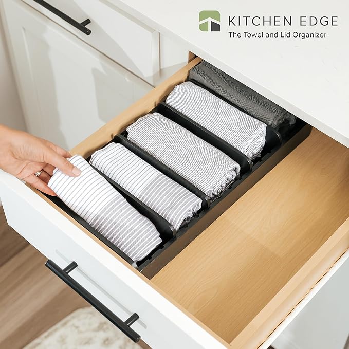 KitchenEdge Bamboo Kitchen Towel and Food-Storage Organizer, Perfect for Kitchen Drawers, Cabinets, Pantry, 5 Adjustable Wall Inserts, Non-Slip Feet, Food-Safe Black Finish