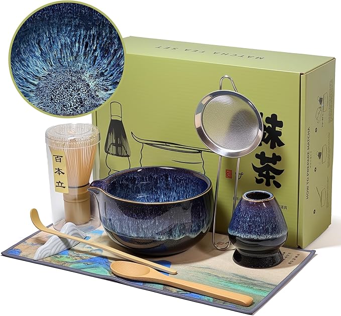 Matcha Whisk Set with Ceramic Bowl - Bamboo Whisk (Chasen), Scoop, Sifter & Holder - Complete Kit for Traditional Matcha Tea - Unique Gifts for Women, Men, Tea Lovers (Luminous-Auric-Sands)