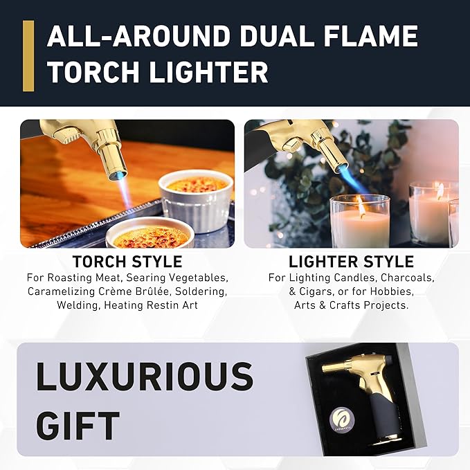 Dual Flame Butane Torch Gun - Refillable Luxury Hand Held Mini Blow Torch for Cooking, Creme Brulee, Soldering, Welding, & Resin Art - Adjustable Flame with Ignition Lock - Gold Black by inZaynity