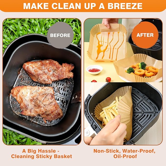 Vailnd Air Fryer Liners Disposable, 100Pcs 9 Inch Max Xl Large Cooker Airfryer Paper Liners, Oil Proof Parchment Sheets Square Basket Baking Liner for 8/10/11/12 QT Air Fryer Microwave