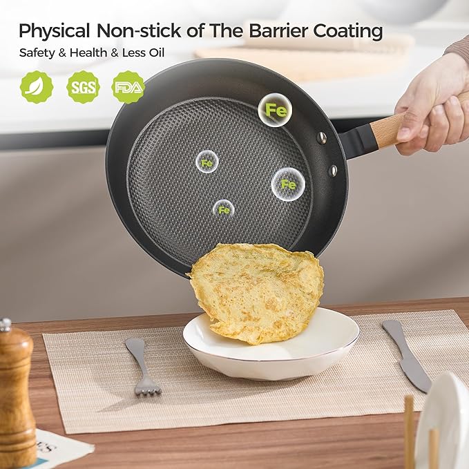 YUTANN 8" Enameled Non-Stick Cast Iron Skillet, Egg Frying Pan with Removable Wooden Handle, PFAS/PFOA Free, Dishwasher & Oven Safe (500°F)
