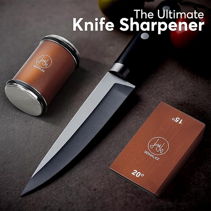Rolling Knife Sharpener with Diamond and Ceramic Discs, Kitchen Knife Sharpener with 15° & 20° Magnetic Angles, Strong Knife Sharpening Kit (Brown)