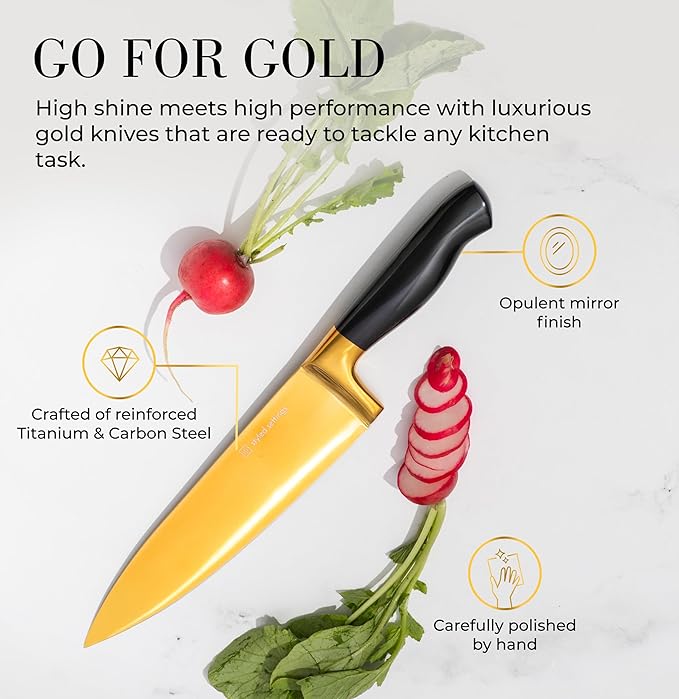 Black and Gold Knife Set with Block and Sharpener – 14-Piece Full Tang Golden Knives with Self-Sharpening Knife Block – Gold Kitchen Accessories for Cooking and Prepping; Ideal for Gifting