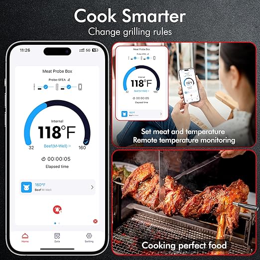 Wireless Smart Bluetooth Meat Thermometer Digital for BBQ, Grill, Oven, Smoker, 500ft Range Cooking Thermometer with Ultra-Thin Wireless Meat Probe, Perfect for Steak, Chicken, Turkey