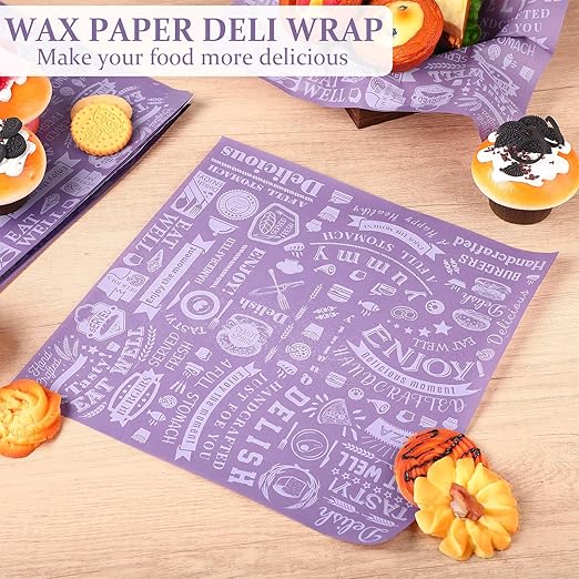 Outus 600 Pcs 12 x 12 Inch Deli Wax Paper Sheets Grease Resistant Tray Basket Liners Newsprint Paper Water and Grease Proof Sandwich Wrapping Square Hot Dog Wrappers for Food Baking (Dark Purple)