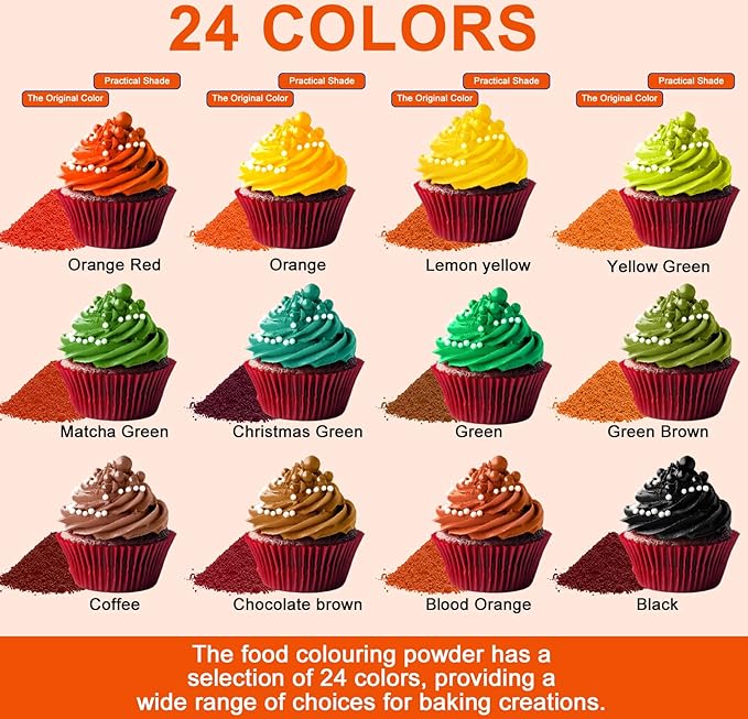 Food Coloring Powder - 24 Vibrant Colors Powder Food Coloring, Flavorless High Concentrated Food Dye for Icing, Cake Decorating, Baking, Cookies, Frosting, Slime - 2g/bottle