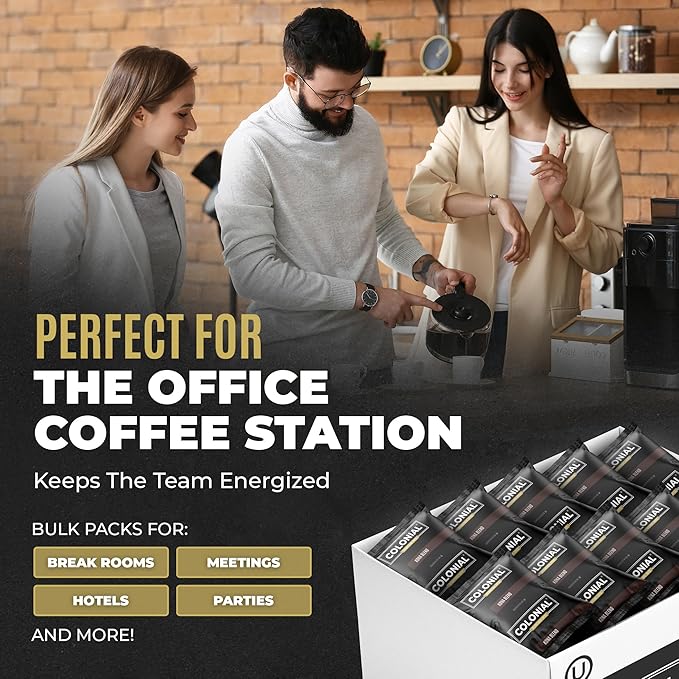 Colonial Coffee 100 Count Single Pot Coffee Packets – 100% Arabica Colombian Medium Roast | Pre-Measured Frac Packs for 12 Cup Maker | Bulk Ground Gourmet Coffee for Home & Office