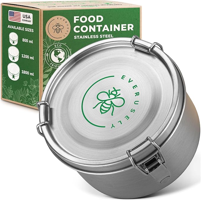 Stainless Steel Food Storage Container with Lid - 27 oz / 0.8 L - Metal Lunch + Meal Prep Tin with Food-Safe Leakproof Seal - Stackable Pantry Snack Organizer - Reusable Travel Lunchbox for Leftovers