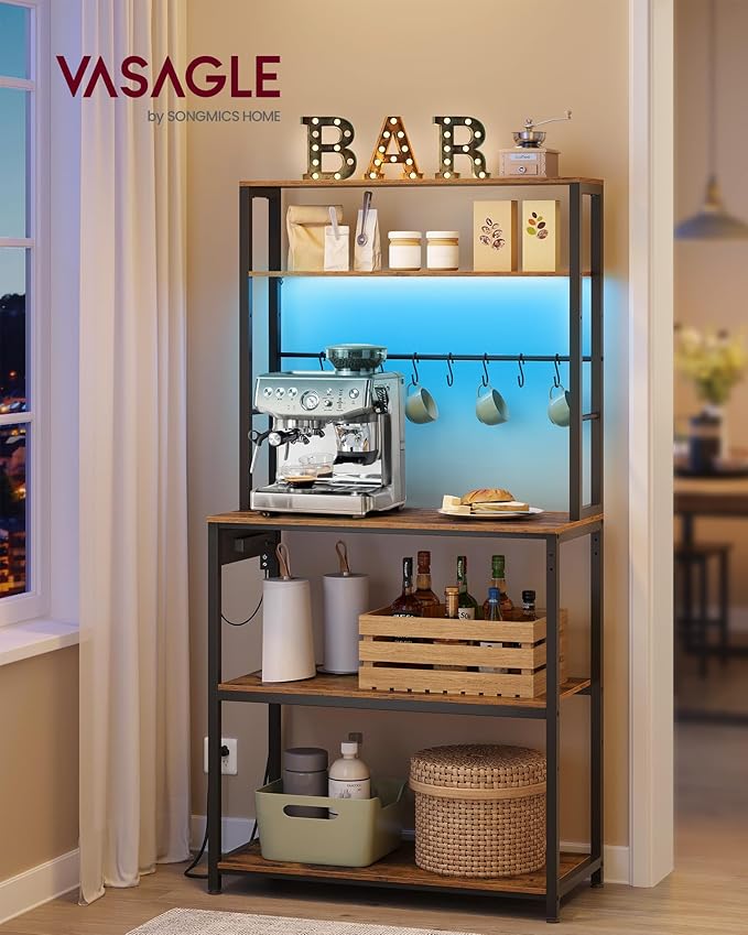 VASAGLE Coffee Bar with LED Lights, Kitchen Bakers Rack with Power Outlet, Microwave Stand with Adjustable Shelves, 8 Hooks, 15.7 x 31.5 x 65.7 Inches, Rustic Brown and Matte Black UKKS050K01