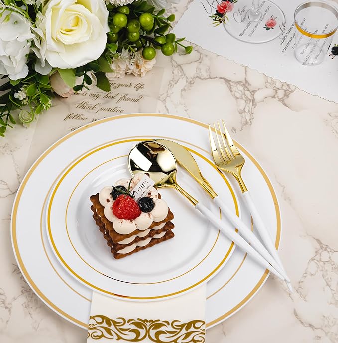 N9R 150Pcs Gold Plastic Silverware-Gold Disposable Utensils with White Handle-Disposable Silverware Heavy Duty with 50 Spoons, 50 Forks, 50 Knives for Party，Birthday and Everyday Use
