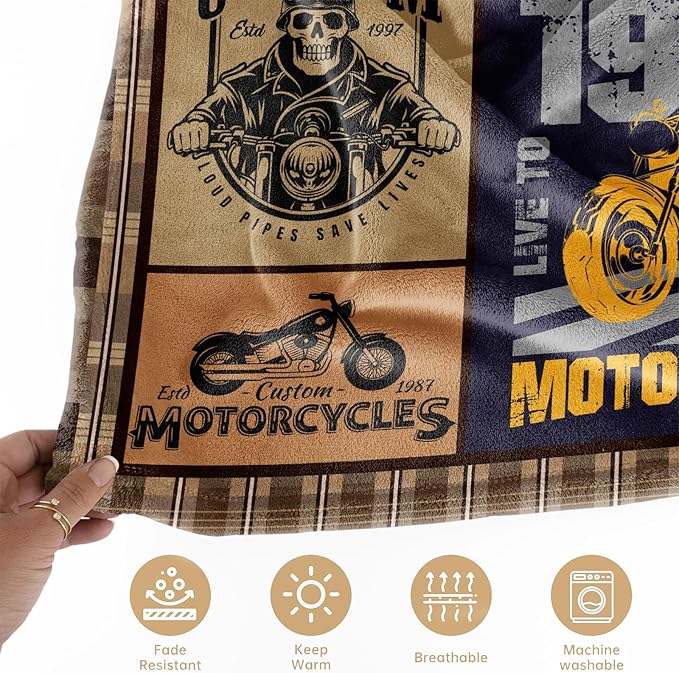 Motorcycle Throw Blanket Gift for Men – Vintage Biker Decor for Man Cave, Garage, Bedroom & Living Room, Chopper Style Sofa Bed Accent, Motorcycle Lovers & Riders, 50'' x 60''