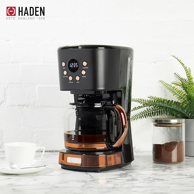 Haden Dorset 4 Slice Wide Slot Stainless Steel Toaster Bundled with 12 Cup Programmable Drip Coffee Maker Coffee Machine, Black & Copper
