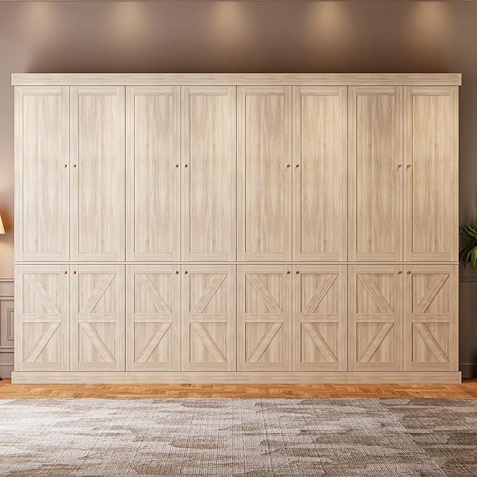 70.8" Tall Bookshelf with Doors, Farmhouse Modular Bookcase with 4-Tier Adjustable Shelves, Large Storage Cabinet for Home Office, Living Room, Brown, Set of 3