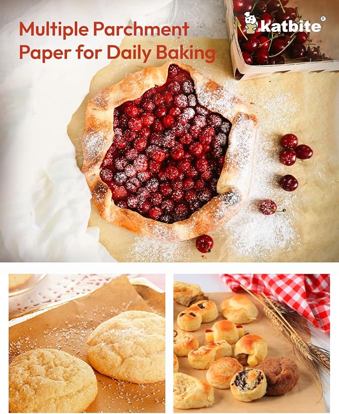 Katbite 16x24 Inch Parchment Paper Sheets, 100Pcs Non-Stick Precut Baking Parchment, Unbleached Parchment Paper for Baking, Cooking, Grilling, Frying and Steaming, Full Sheet Baking Pan Liners
