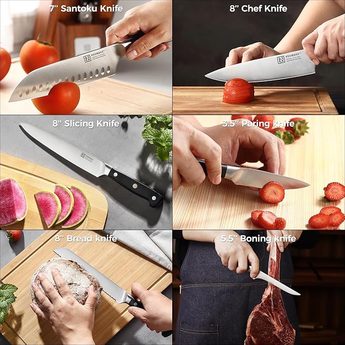 KEEMAKE Knife Block Set, 15Pcs High Carbon Stainless Steel Kitchen Knife Set with Block, Ultra Sharp Knives Set for Kitchen with Knife Sharpener Kitchen Scissors, Forged Chef Knife Set