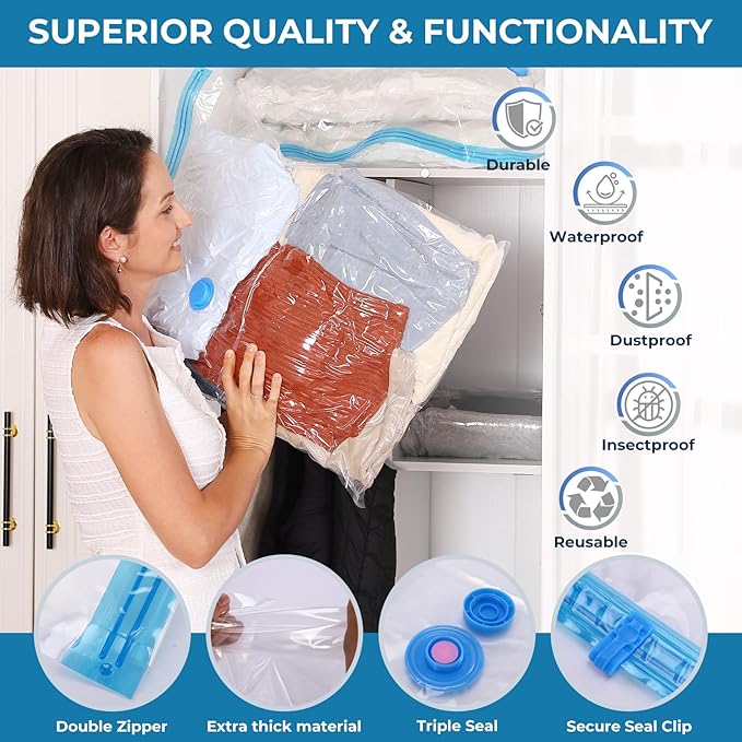 Travel Vacuum Bags with Rechargeable Cordless Pump, 20 Pack Vacuum Seal Bags for Clothing Travel Compression, Space Saver Vacuum Storage Bags for Clothes, Blanket, Bedding, Pillows, Comforters