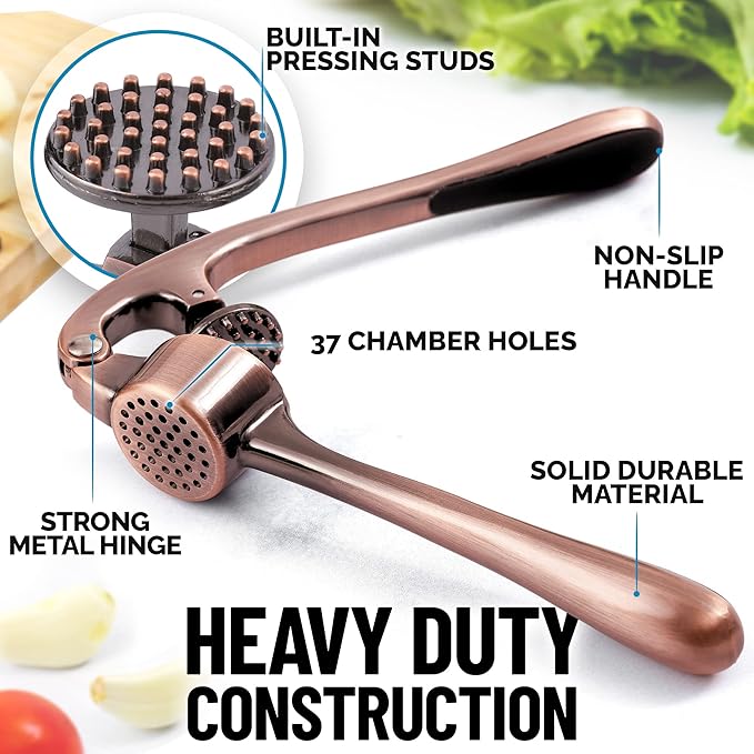 Zulay Kitchen Premium Garlic Press - Durable Garlic Masher with Soft, Easy to Squeeze Handle - Garlic Mincer Tool - Sturdy Easy to Clean Garlic Crusher (Copper)