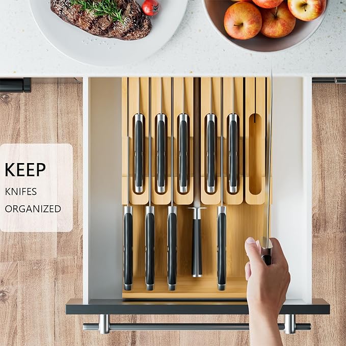 Domax Bamboo In-drawer Knife Block - Knife Drawer Organizer Insert Large Handle Steak Knife Holder, Kitchen Drawer Knife Organizer Fits for 12 knives and 1 Sharpening Steel (Not Included)