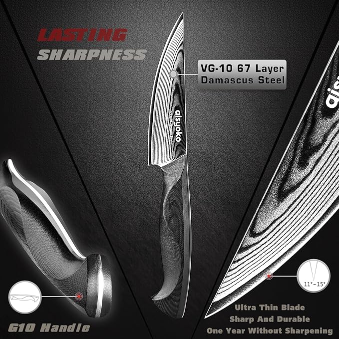 4.5 Inch Paring Knife, Damascus Steel Chef Knife with Ergonomic G10 Handle, VG10 High Carbon Steel, Professional Kitchen Knife for Fruit Vegetable Carving, Ultra Sharp Blades