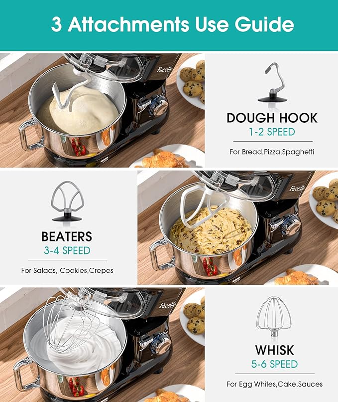 Facelle Stand Mixer, 660W 6 Speed Electric Kitchen Mixer with Pulse Button, Attachments include 6.5QT Bowl, Dishwasher Safe Beater,Dough Hook,Whisk & Splash Guard for Dough,Baking,Cakes,Cookie(Black)