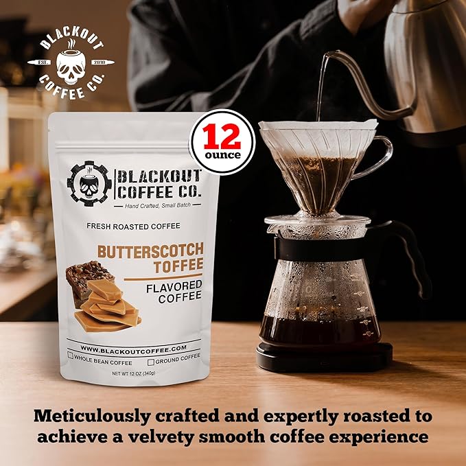 Blackout Coffee Butterscotch Toffee Flavored Ground Coffee – Medium Roast, Smooth Taste, Guilt-Free Indulgence – Freshly Roasted 12oz Pouch, American Made