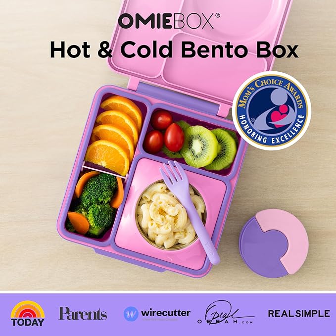 OmieBox Bento Box for Kids - Insulated Bento Lunch Box with Leak Proof Vacuum Insulated Food Jar - 3 Compartments, Two Temperature Zones (Unicorn Pink)