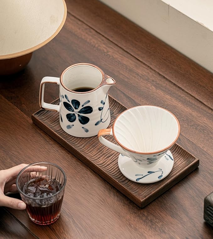 Pour Over Coffee Maker,Ceramic Coffee Maker With 40 pcs Paper Filter，15oz/450ml Pour Over Coffee Dripper (Blue and white, V02)