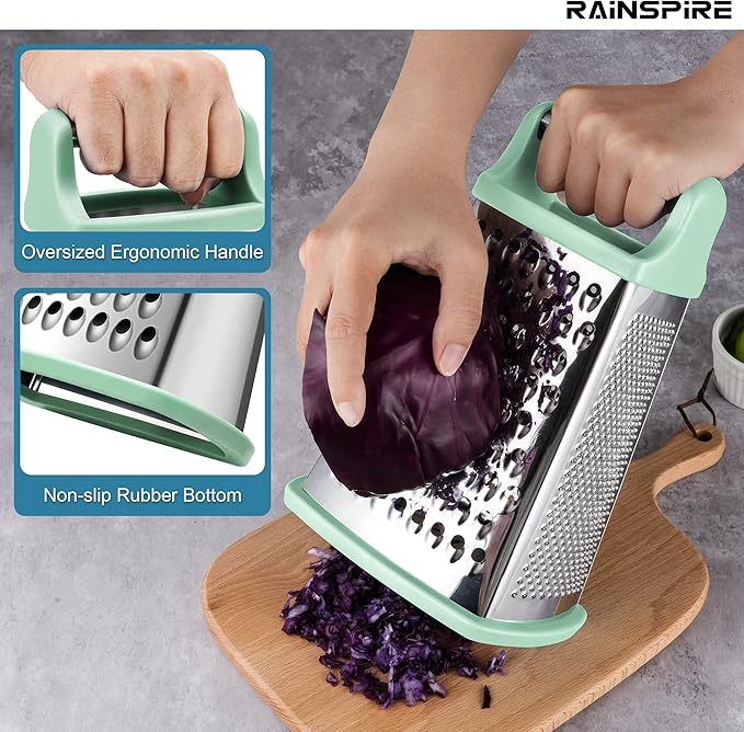 Rainspire Professional Box Grater, Cheese Grater Box for Kitchen Stainless Steel with 4 Sides, Cheese and Spice Graters with Handle for Vegetables, Ginger, Potatoes, Mint