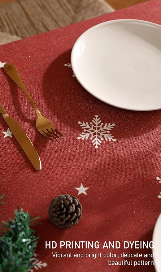 ISAENNE Designer Christmas Red Small Square Tablecloth,Linen Table Cloth with Snowflakes Pattern,Wrinkle Resistant Decor Tablecloths for Dining Kitchen Thanksgiving Christmas,55"*55"-Carol C