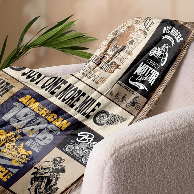 Motorcycle Throw Blanket Gift for Men – Vintage Biker Decor for Man Cave, Garage, Bedroom & Living Room, Chopper Style Sofa Bed Accent, Motorcycle Lovers & Riders, 50'' x 60''