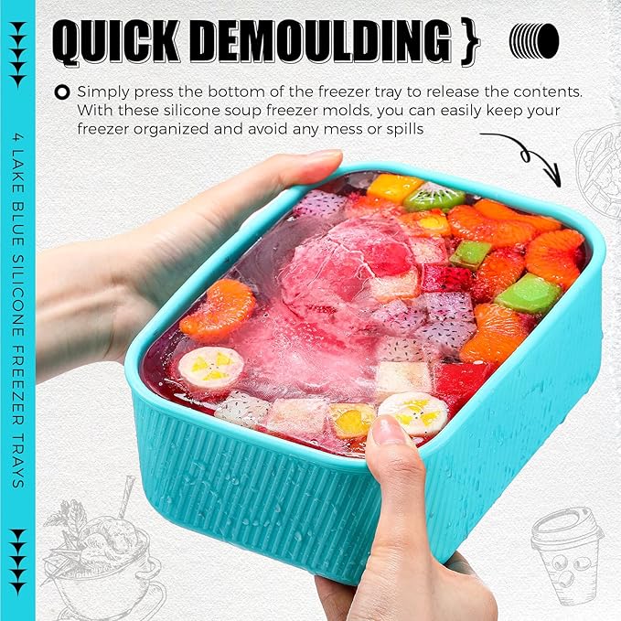 Nuogo 4 Pcs 6 Cup Silicone Freezer Trays with Lid Soup Containers Reusable Freezer Silicone Molds Rectangle Containers Ice Trays for Soups Sauces Stews Curries, Lake Blue