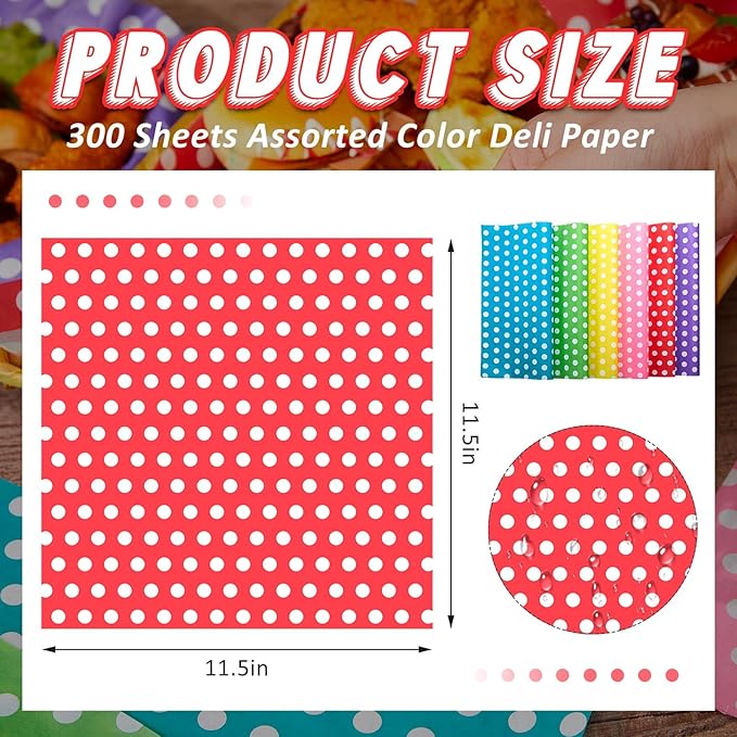 Fulmoon 300 Sheets Waxed Deli Paper Sheets for Food 12 x 12 Inch Polka Dot Dry Wax Paper Greaseproof Food Basket Liners Sandwich Wraps for Wrapping Bread Baking BBQ Picnic Party (Multicolor)