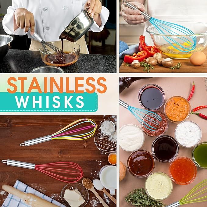Domensi 16 Pcs 12 Inch Whisks Bulk for Cooking Silicone Whisks Non Scratch Stainless Steel Hand Coated Metal Heat Resistant Egg Beaters for Classroom Cook Party Favor Gift Supplies