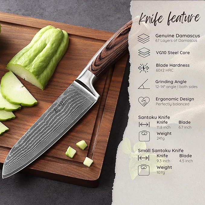 Wakoli EDIB 2-Piece Santoku Damascus Knife Set | Genuine Damascus Steel Blades with VG10 Core | Ergonomic Pakkawood Handles | Professional Kitchen Knife Set in Gift Box