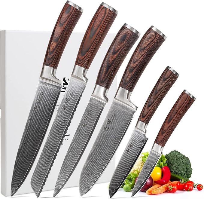 Wakoli EDIB 6-Piece Damascus Knife Set – Complete Kitchen Knives Collection | Genuine Damascus Steel Blades with VG10 Core | Ergonomic Pakkawood Handles | Professional Knife Gift Set