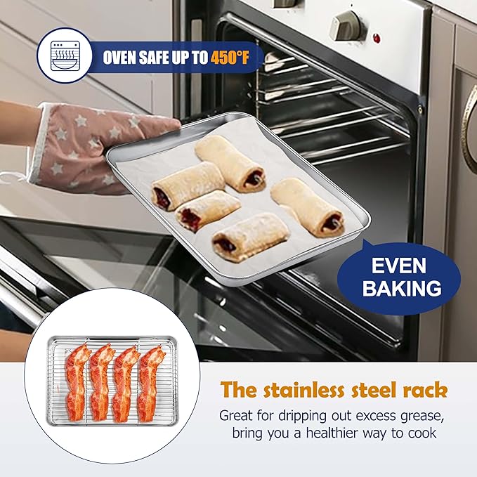 9 Inch Baking Sheet Pan with Rack Set, Joyfair Stainless Steel Toaster Oven Pans Tray & Cooling Racks for Cookie/Jelly Roll/Bacon/Meat, Commercial Metal & Rust-free, Dishwasher Safe